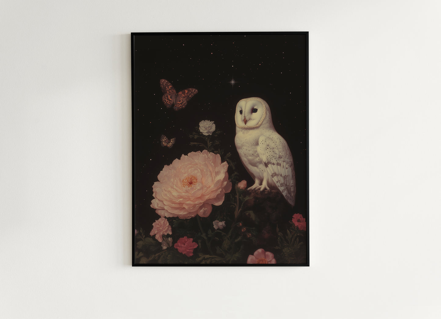 Vintage White Owl Art Print, Gothic Wall Art Poster, Moody Floral Botanical Poster, Dark Academia Aesthetic, Gothic Nature Wall Decor