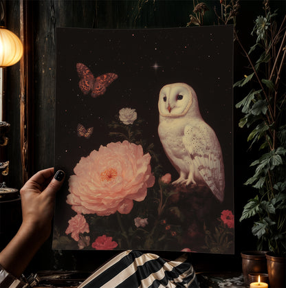Vintage White Owl Art Print, Gothic Wall Art Poster, Moody Floral Botanical Poster, Dark Academia Aesthetic, Gothic Nature Wall Decor
