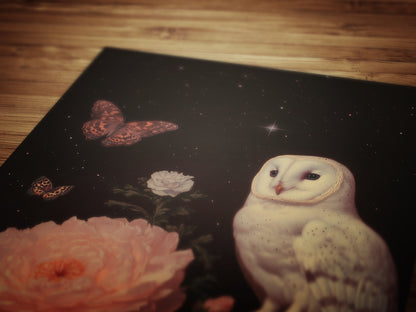 Vintage White Owl Art Print, Gothic Wall Art Poster, Moody Floral Botanical Poster, Dark Academia Aesthetic, Gothic Nature Wall Decor