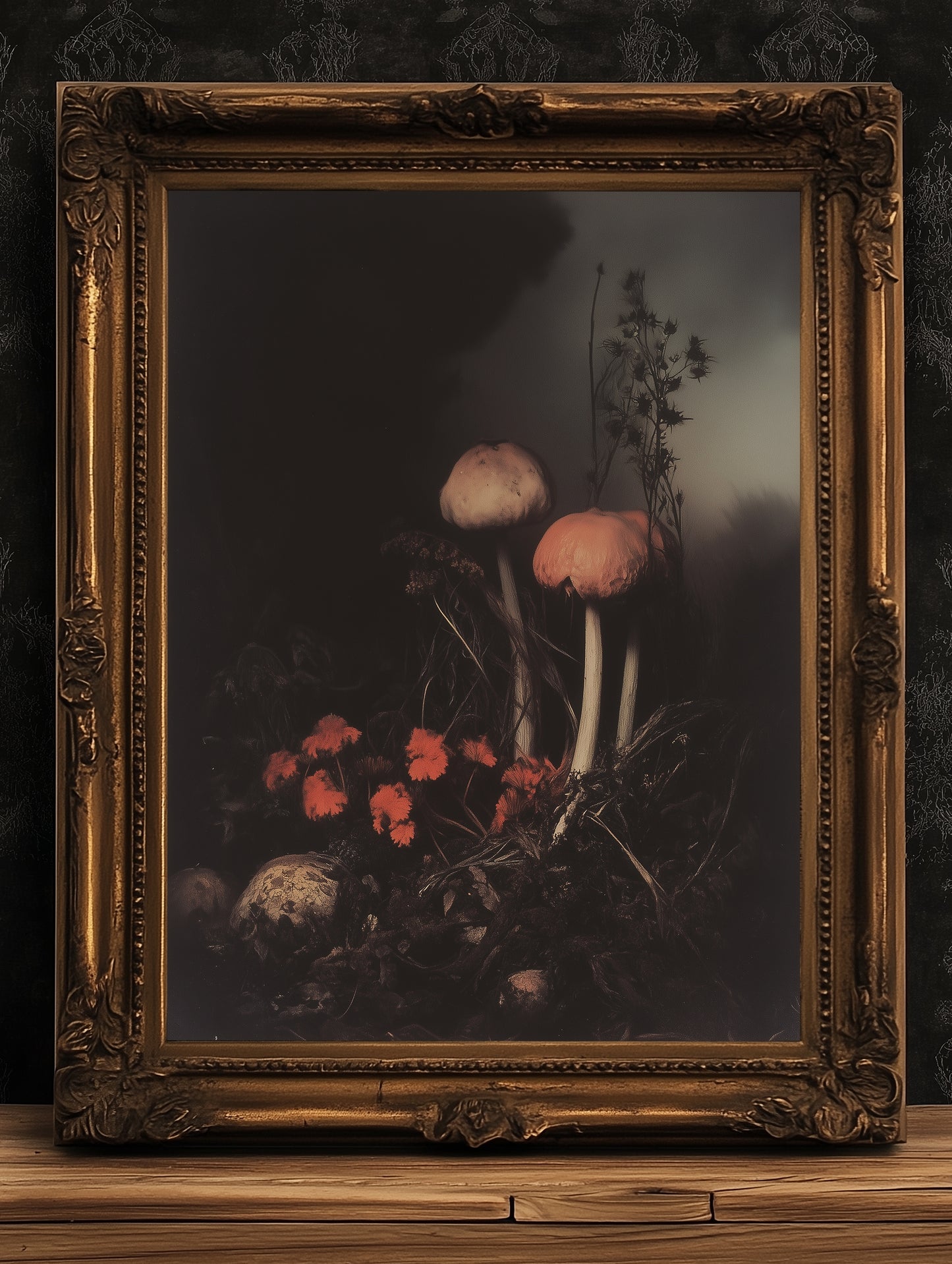 Dark Mushroom Floral Art Print, Moody Botanical Still Life, Gothic Cottagecore Wall Decor, Witchy Whimsigoth Goblincore Gift for Her