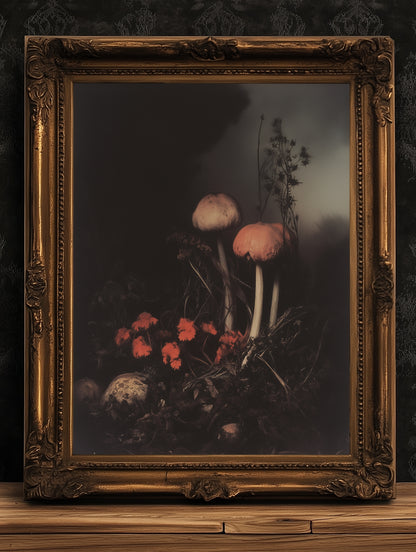 Dark Mushroom Floral Art Print, Moody Botanical Still Life, Gothic Cottagecore Wall Decor, Witchy Whimsigoth Goblincore Gift for Her