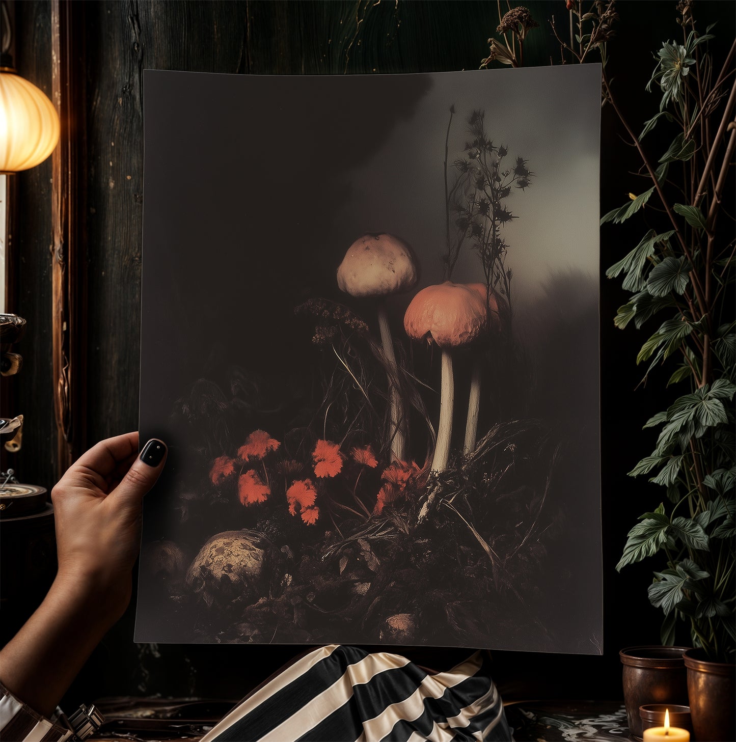 Dark Mushroom Floral Art Print, Moody Botanical Still Life, Gothic Cottagecore Wall Decor, Witchy Whimsigoth Goblincore Gift for Her