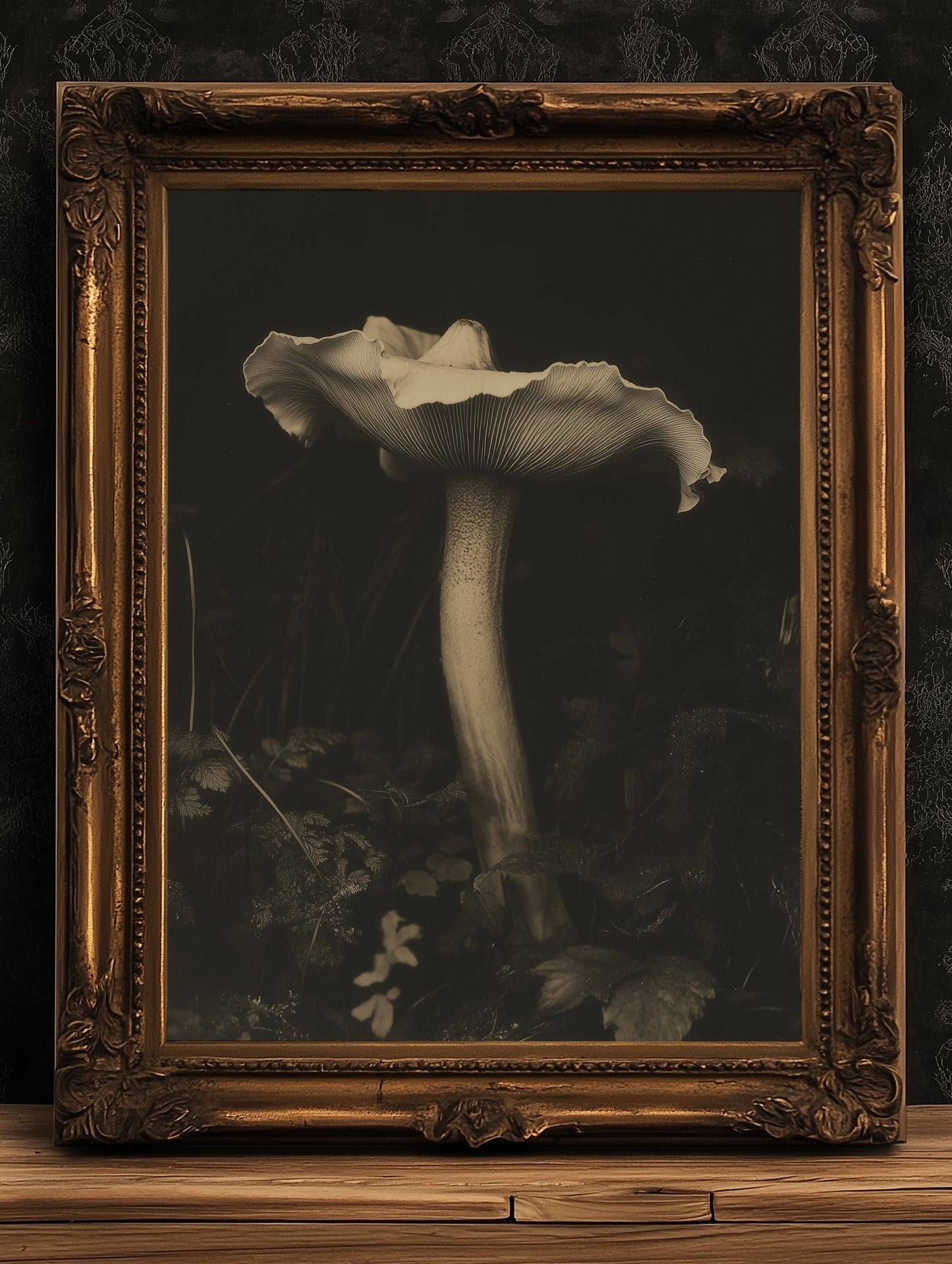White Mushroom Floral Art Print, Moody Botanical Still Life, Gothic Cottagecore Wall Decor, Witchy Whimsigoth Goblincore Gift for Her