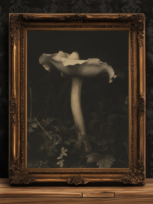 White Mushroom Floral Art Print, Moody Botanical Still Life, Gothic Cottagecore Wall Decor, Witchy Whimsigoth Goblincore Gift for Her