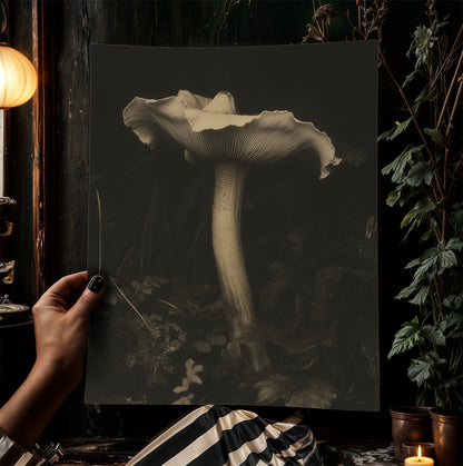 White Mushroom Floral Art Print, Moody Botanical Still Life, Gothic Cottagecore Wall Decor, Witchy Whimsigoth Goblincore Gift for Her