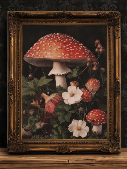 Dark Florals And Mushroom Art Print, Red Toadstools and Blooms, Moody Dark Academia Poster, Whimsigoth Cottagecore Wall Decor Gift for Her