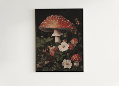 Dark Florals And Mushroom Art Print, Red Toadstools and Blooms, Moody Dark Academia Poster, Whimsigoth Cottagecore Wall Decor Gift for Her