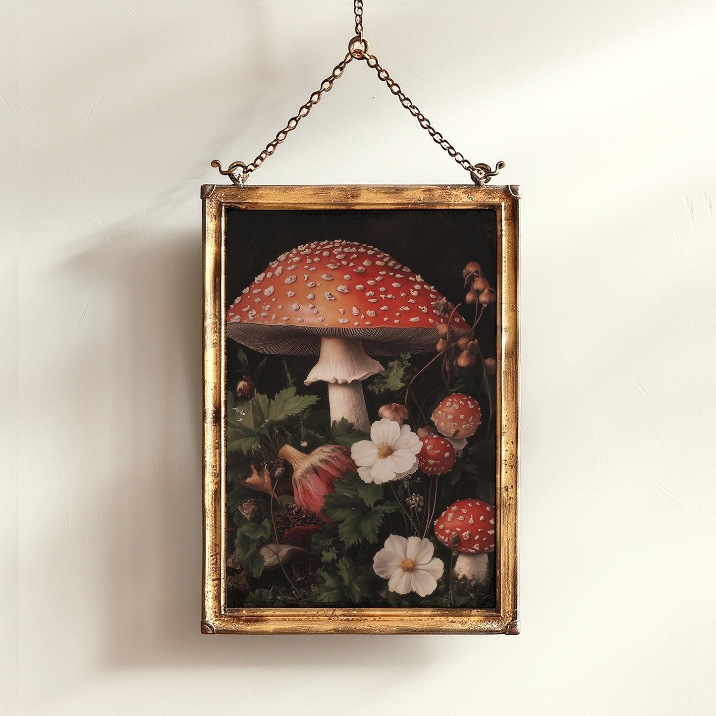 Dark Florals And Mushroom Art Print, Red Toadstools and Blooms, Moody Dark Academia Poster, Whimsigoth Cottagecore Wall Decor Gift for Her