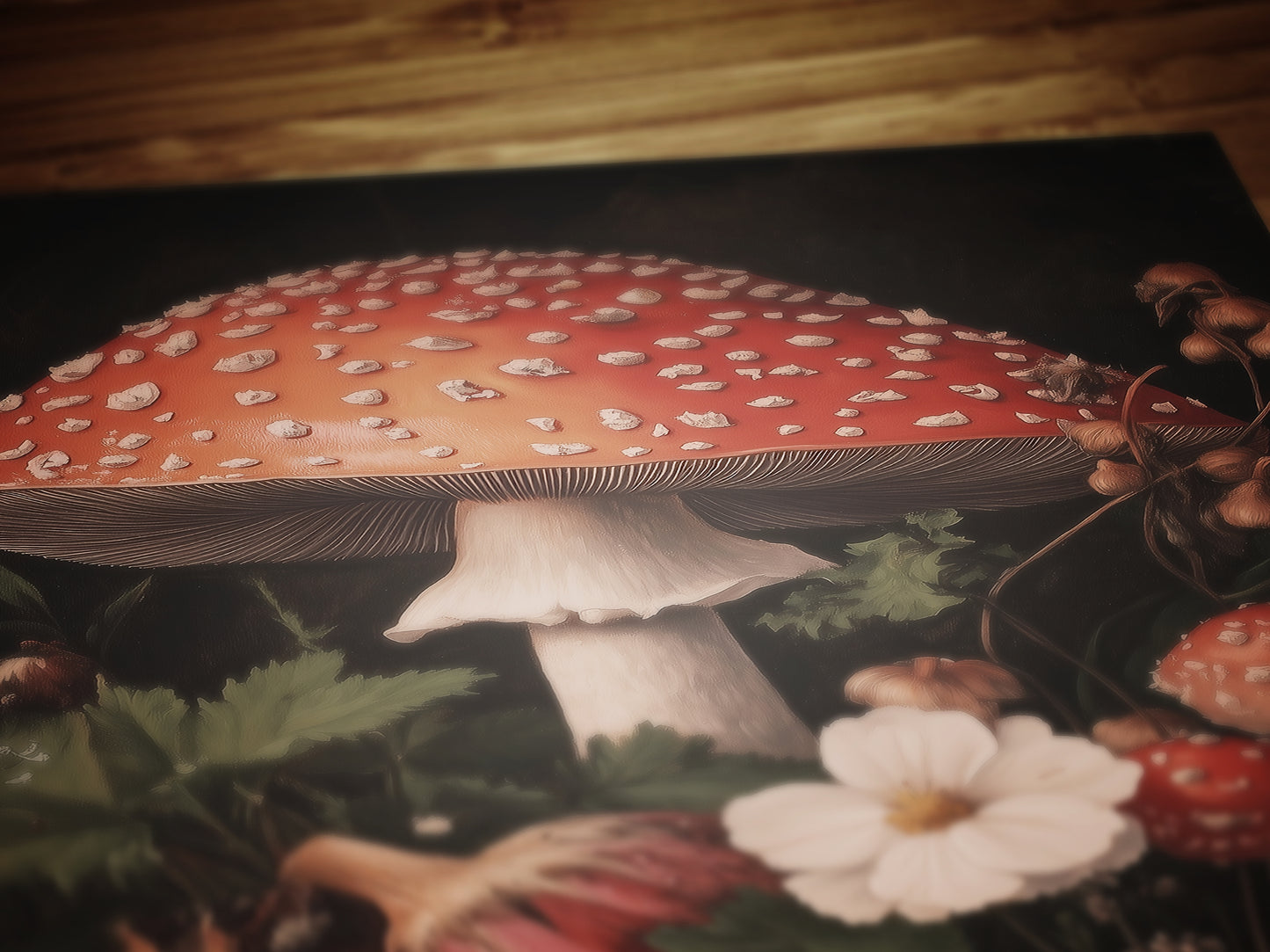 Dark Florals And Mushroom Art Print, Red Toadstools and Blooms, Moody Dark Academia Poster, Whimsigoth Cottagecore Wall Decor Gift for Her