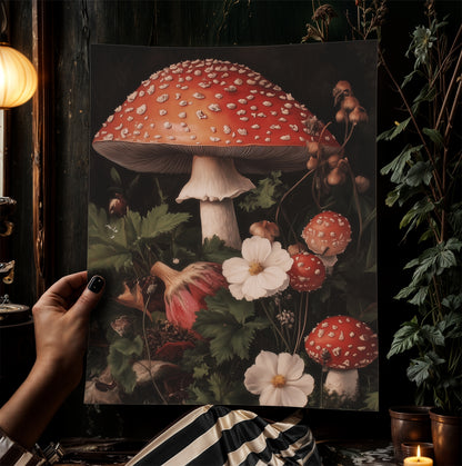 Dark Florals And Mushroom Art Print, Red Toadstools and Blooms, Moody Dark Academia Poster, Whimsigoth Cottagecore Wall Decor Gift for Her