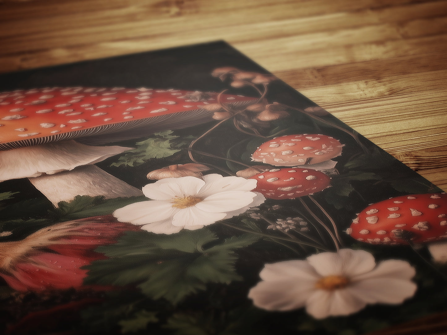 Dark Florals And Mushroom Art Print, Red Toadstools and Blooms, Moody Dark Academia Poster, Whimsigoth Cottagecore Wall Decor Gift for Her
