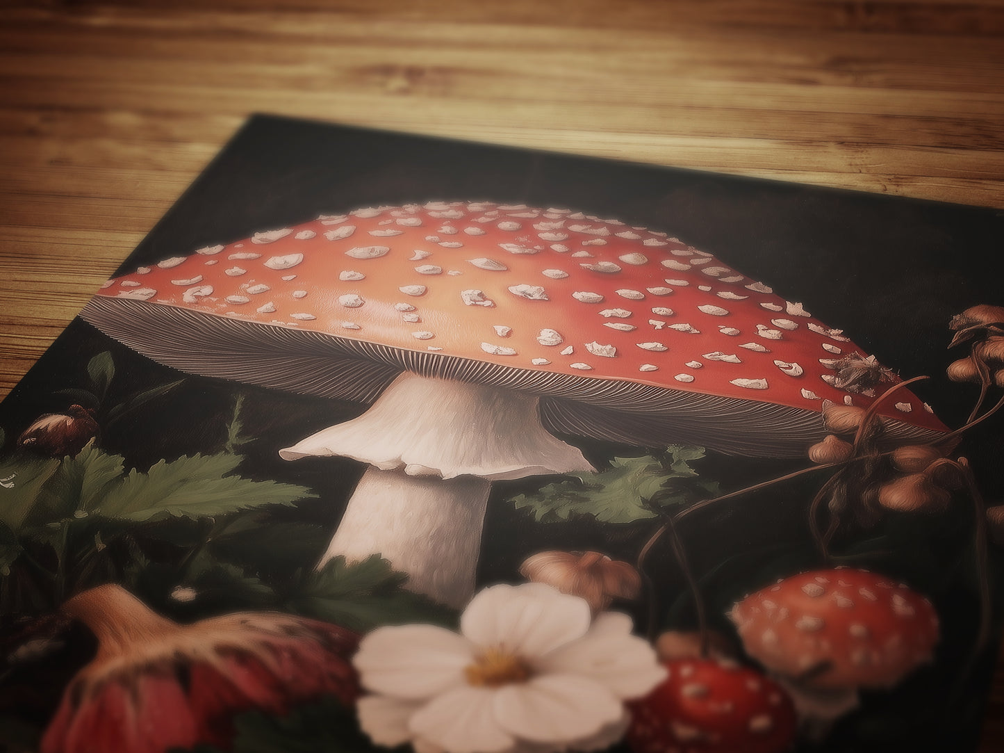 Dark Florals And Mushroom Art Print, Red Toadstools and Blooms, Moody Dark Academia Poster, Whimsigoth Cottagecore Wall Decor Gift for Her