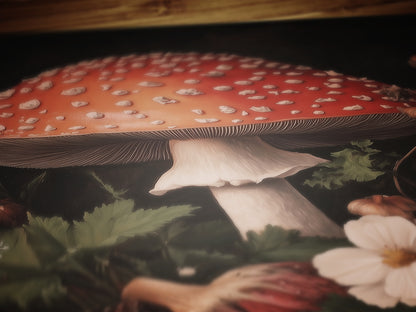 Dark Florals And Mushroom Art Print, Red Toadstools and Blooms, Moody Dark Academia Poster, Whimsigoth Cottagecore Wall Decor Gift for Her