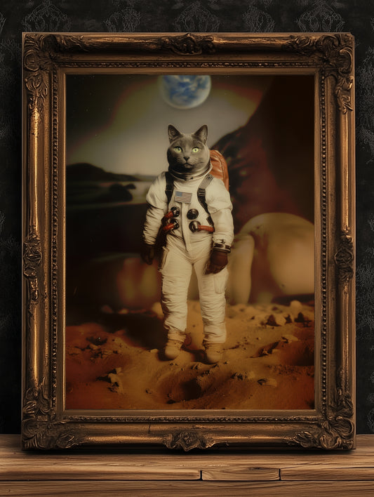 Cat Astronaut Poster, Space Kitty Apollo 11 Print, Retro Surreal Art Decor Gift, Space Themed Room Decor, Astronaut Nursery Decor
