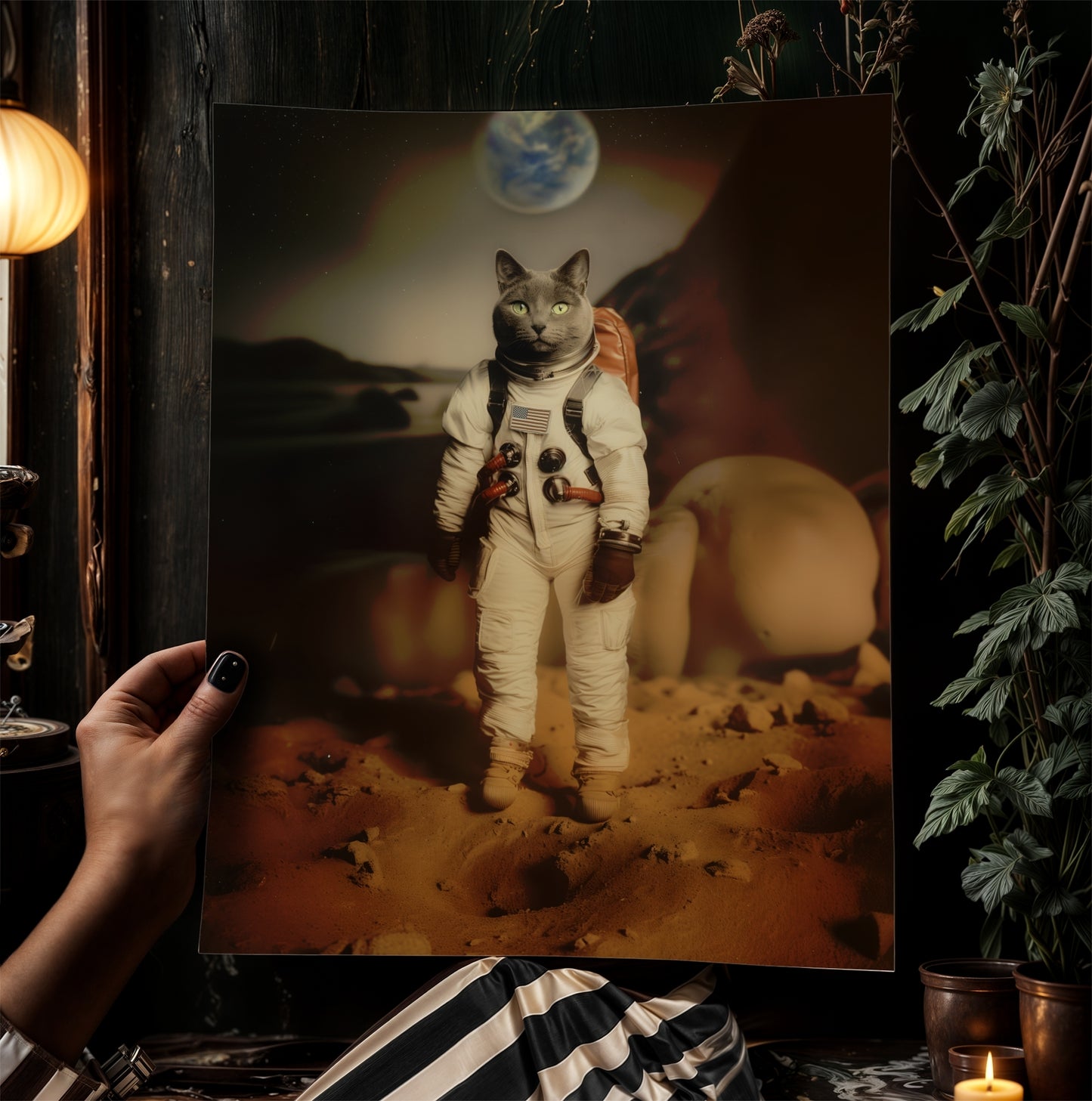 Cat Astronaut Poster, Space Kitty Apollo 11 Print, Retro Surreal Art Decor Gift, Space Themed Room Decor, Astronaut Nursery Decor