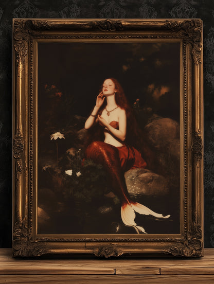 Mermaid On a Rock, Whimsical Cozy Bathroom Decor, Whimsigoth Decor, Dark Romance Fantasy Print, Dreamy Floral Decor for Book Lovers