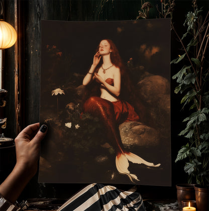 Mermaid On a Rock, Whimsical Cozy Bathroom Decor, Whimsigoth Decor, Dark Romance Fantasy Print, Dreamy Floral Decor for Book Lovers