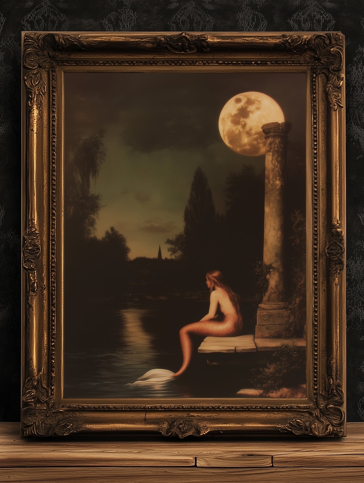 Moonlit Mermaid On a Dock, Whimsical Cozy Bathroom Decor, Whimsigoth Decor, Dark Romance Fantasy Print, Dreamy Floral Decor for Book Lovers