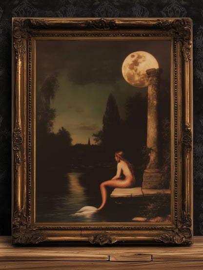 Moonlit Mermaid On a Dock, Whimsical Cozy Bathroom Decor, Whimsigoth Decor, Dark Romance Fantasy Print, Dreamy Floral Decor for Book Lovers