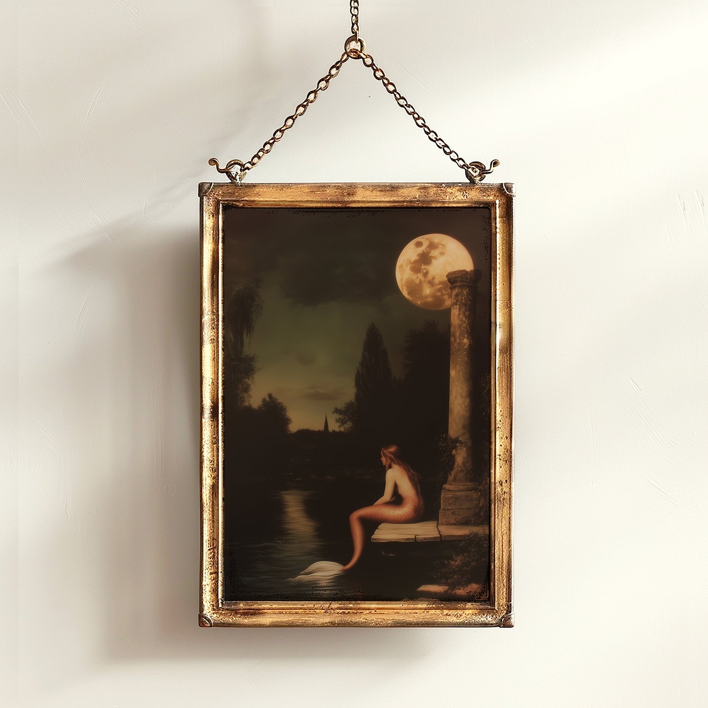 Moonlit Mermaid On a Dock, Whimsical Cozy Bathroom Decor, Whimsigoth Decor, Dark Romance Fantasy Print, Dreamy Floral Decor for Book Lovers