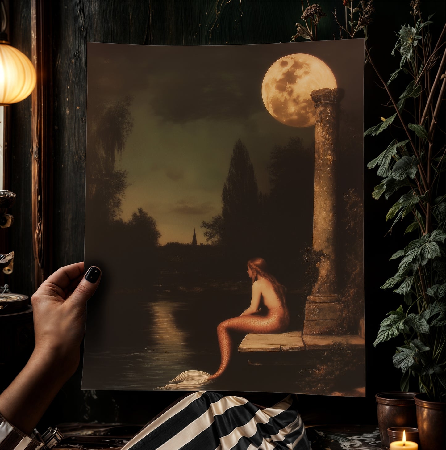 Moonlit Mermaid On a Dock, Whimsical Cozy Bathroom Decor, Whimsigoth Decor, Dark Romance Fantasy Print, Dreamy Floral Decor for Book Lovers