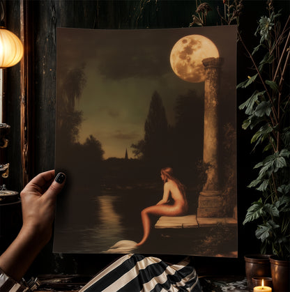 Moonlit Mermaid On a Dock, Whimsical Cozy Bathroom Decor, Whimsigoth Decor, Dark Romance Fantasy Print, Dreamy Floral Decor for Book Lovers