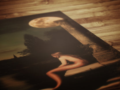 Moonlit Mermaid On a Dock, Whimsical Cozy Bathroom Decor, Whimsigoth Decor, Dark Romance Fantasy Print, Dreamy Floral Decor for Book Lovers