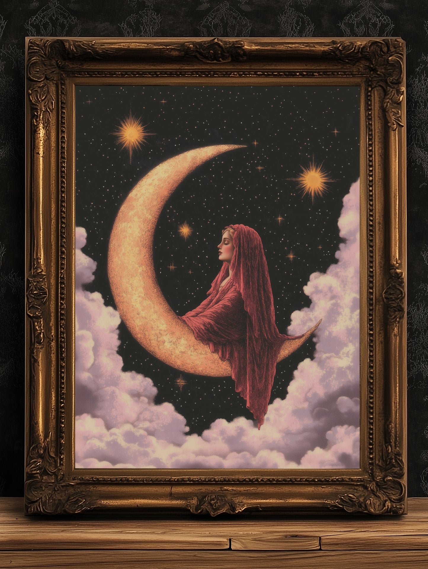 Witchy Home Decor, Vintage Whimsigoth Decor, 70s Dark Romance Home Decor, Moon Goddess Poster, Sun And Moon 70s Decor, Retro Decor, Wall Art