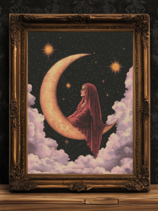 Witchy Home Decor, Vintage Whimsigoth Decor, 70s Dark Romance Home Decor, Moon Goddess Poster, Sun And Moon 70s Decor, Retro Decor, Wall Art