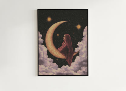 Witchy Home Decor, Vintage Whimsigoth Decor, 70s Dark Romance Home Decor, Moon Goddess Poster, Sun And Moon 70s Decor, Retro Decor, Wall Art
