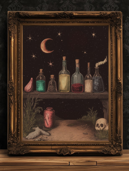 Witchy Potion Shelf Art Print, Dark Fairycore Magical Apothecary Shelf, Potion And Elixir Painting, Goth Cottagecore Witch Decor Poster