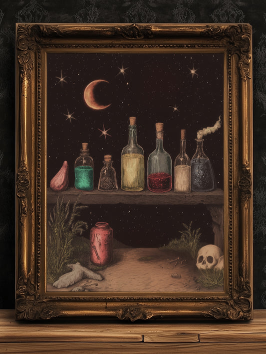 Witchy Potion Shelf Art Print, Dark Fairycore Magical Apothecary Shelf, Potion And Elixir Painting, Goth Cottagecore Witch Decor Poster