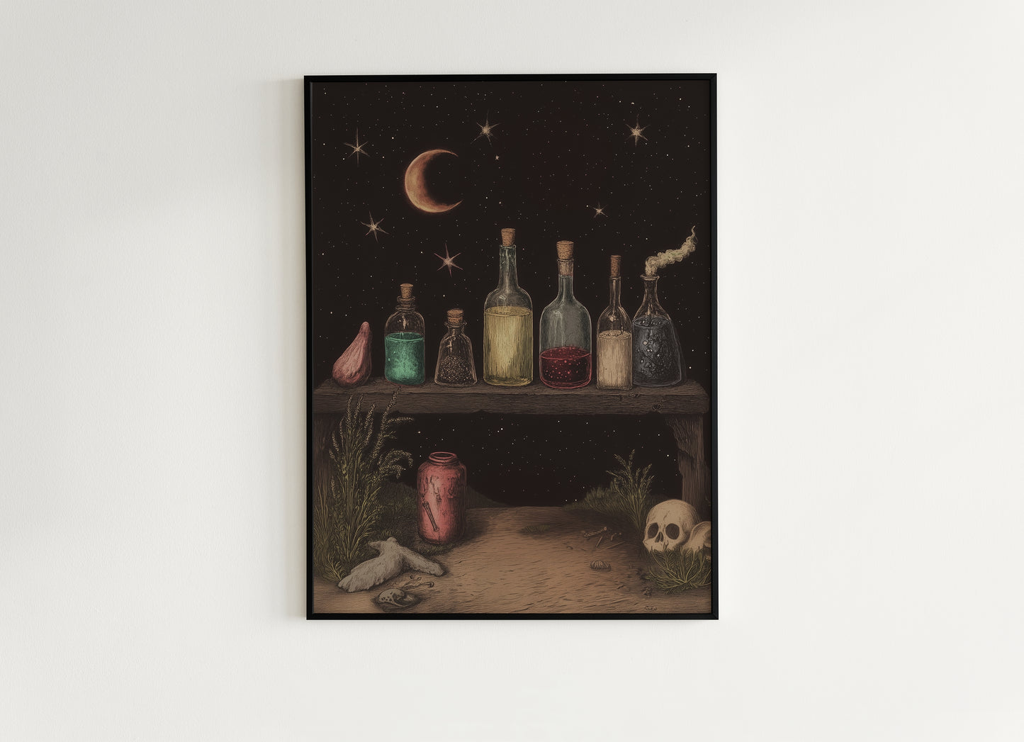 Witchy Potion Shelf Art Print, Dark Fairycore Magical Apothecary Shelf, Potion And Elixir Painting, Goth Cottagecore Witch Decor Poster