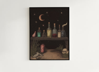 Witchy Potion Shelf Art Print, Dark Fairycore Magical Apothecary Shelf, Potion And Elixir Painting, Goth Cottagecore Witch Decor Poster