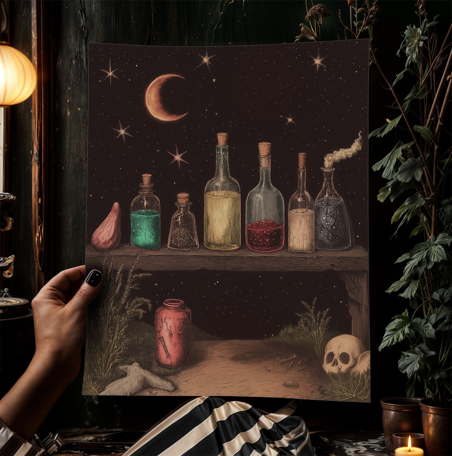Witchy Potion Shelf Art Print, Dark Fairycore Magical Apothecary Shelf, Potion And Elixir Painting, Goth Cottagecore Witch Decor Poster