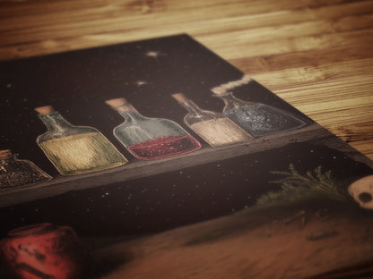 Witchy Potion Shelf Art Print, Dark Fairycore Magical Apothecary Shelf, Potion And Elixir Painting, Goth Cottagecore Witch Decor Poster