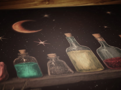 Witchy Potion Shelf Art Print, Dark Fairycore Magical Apothecary Shelf, Potion And Elixir Painting, Goth Cottagecore Witch Decor Poster