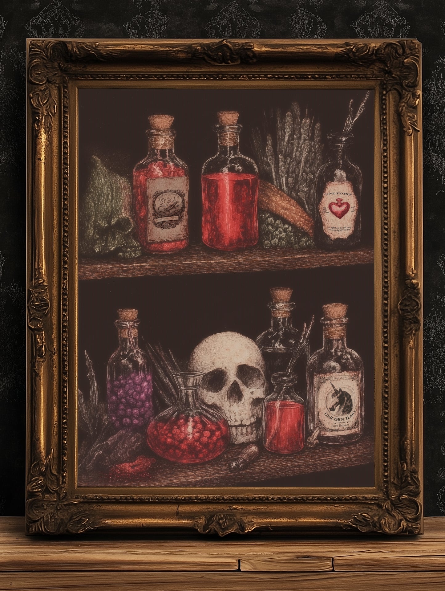 Dark Cottagecore Witch Potion Wall Art Print, Magical Potion Bottles Apothecary Shelf Poster, Herbs And Skull, Gothic Whimsigoth Decor
