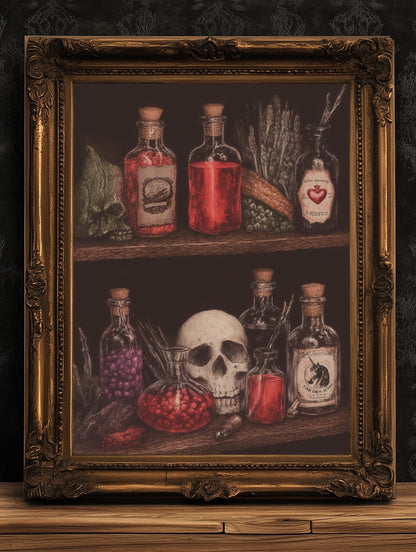 Dark Cottagecore Witch Potion Wall Art Print, Magical Potion Bottles Apothecary Shelf Poster, Herbs And Skull, Gothic Whimsigoth Decor