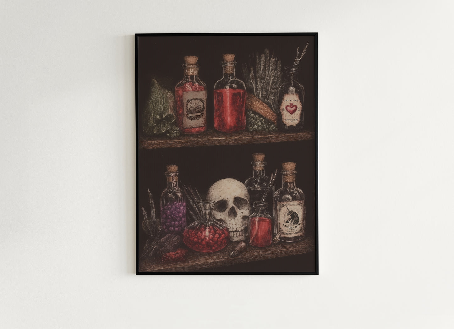 Dark Cottagecore Witch Potion Wall Art Print, Magical Potion Bottles Apothecary Shelf Poster, Herbs And Skull, Gothic Whimsigoth Decor