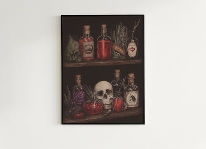 Dark Cottagecore Witch Potion Wall Art Print, Magical Potion Bottles Apothecary Shelf Poster, Herbs And Skull, Gothic Whimsigoth Decor