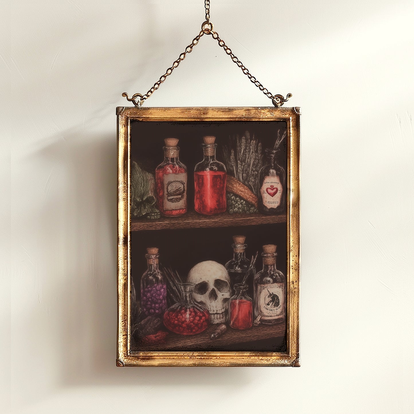 Dark Cottagecore Witch Potion Wall Art Print, Magical Potion Bottles Apothecary Shelf Poster, Herbs And Skull, Gothic Whimsigoth Decor