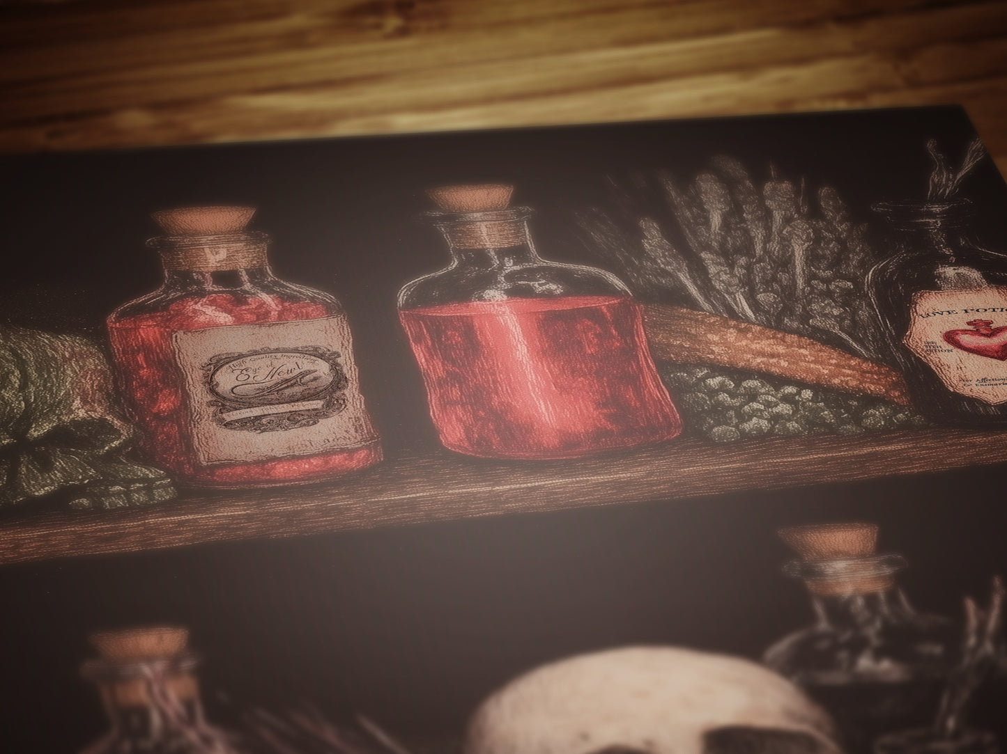 Dark Cottagecore Witch Potion Wall Art Print, Magical Potion Bottles Apothecary Shelf Poster, Herbs And Skull, Gothic Whimsigoth Decor