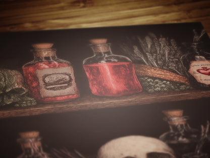 Dark Cottagecore Witch Potion Wall Art Print, Magical Potion Bottles Apothecary Shelf Poster, Herbs And Skull, Gothic Whimsigoth Decor