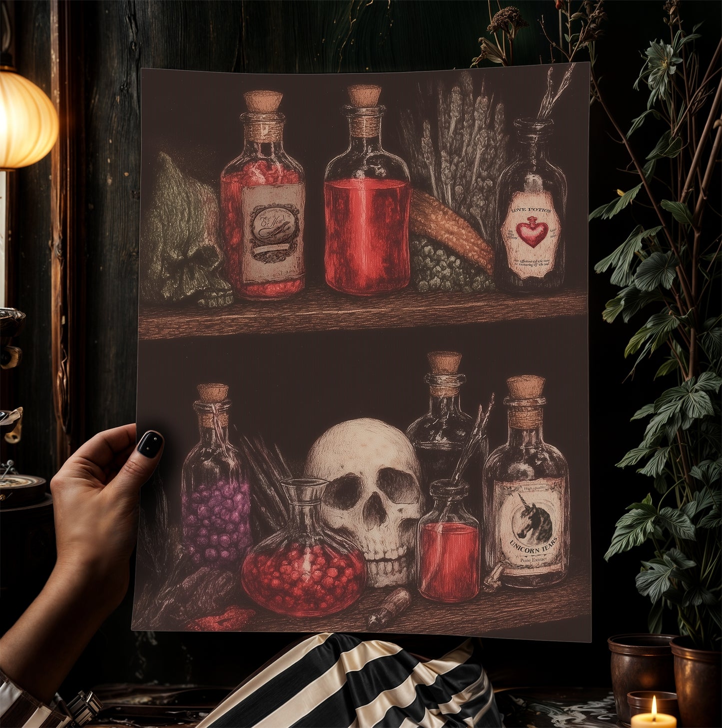 Dark Cottagecore Witch Potion Wall Art Print, Magical Potion Bottles Apothecary Shelf Poster, Herbs And Skull, Gothic Whimsigoth Decor