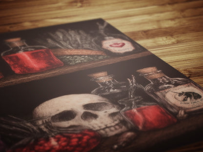Dark Cottagecore Witch Potion Wall Art Print, Magical Potion Bottles Apothecary Shelf Poster, Herbs And Skull, Gothic Whimsigoth Decor