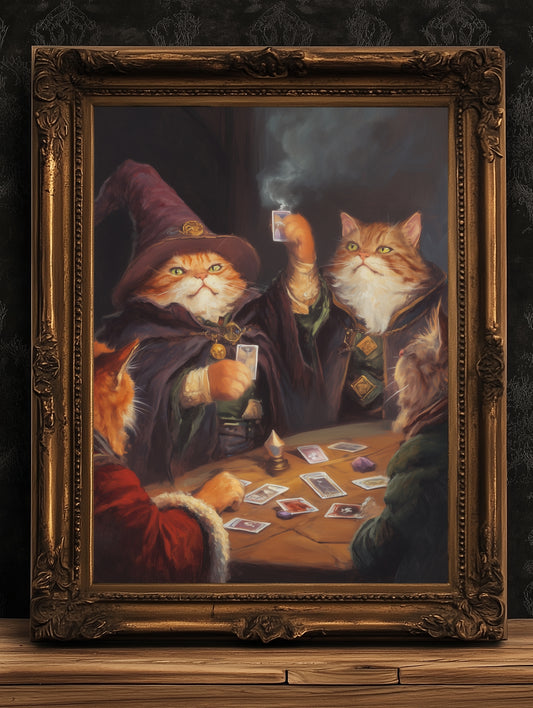 Funny Cat Playing Magic The Gathering Art Print Poster, Fantasy Wizard Cat Wall Decor for MTG Fans, Gaming Poster or Gift for Cat Lovers