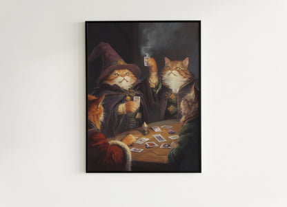 Funny Cat Playing Magic The Gathering Art Print Poster, Fantasy Wizard Cat Wall Decor for MTG Fans, Gaming Poster or Gift for Cat Lovers
