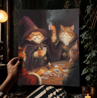 Funny Cat Playing Magic The Gathering Art Print Poster, Fantasy Wizard Cat Wall Decor for MTG Fans, Gaming Poster or Gift for Cat Lovers