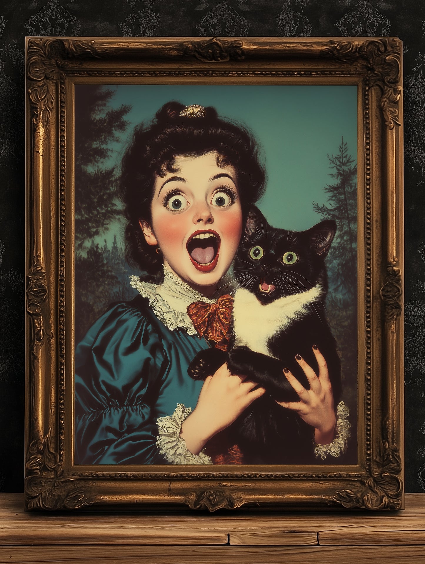 Surprised Woman And Cat, Vintage Humor Altered Painting, Funny Bathroom Toilet Wall Poster Weird Classic Art Gift Shocked Digital Cat Print